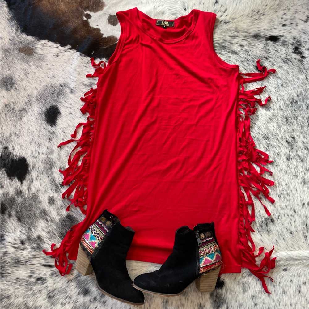 LB Red Western Fringe Dress with Shoes Outfit